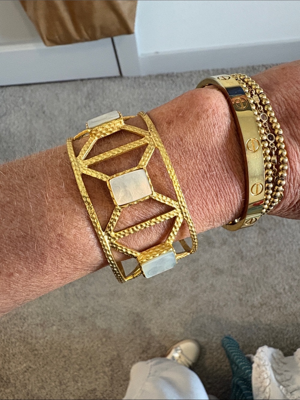 Gold-Tone Openwork Cuff Bracelet with White Stone Insets